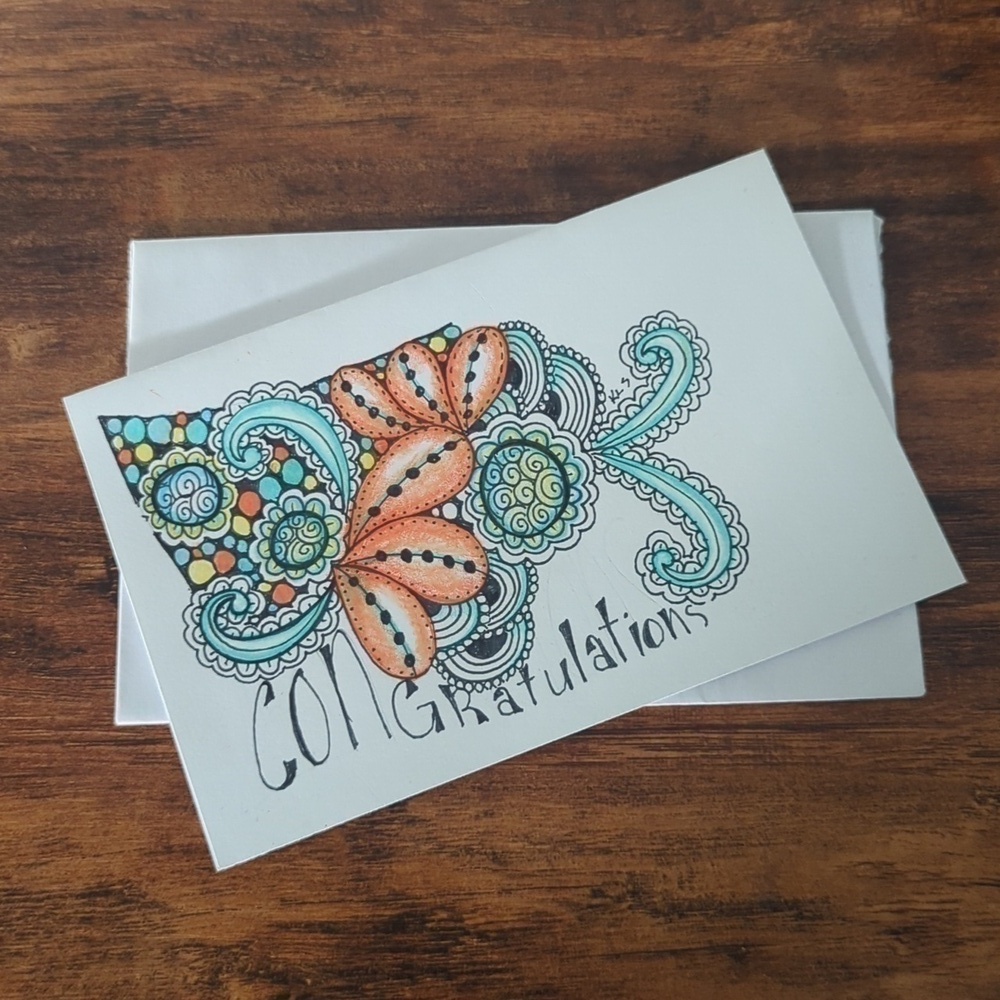 🌻5/$20 Handmade Congratulations Floral Zentangle Card- Blue, Orange & Black